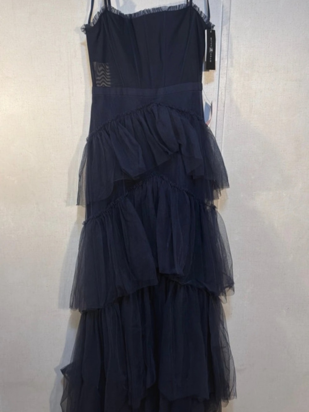 Betsy & Adam Navy Layered Tulle Spaghetti-Strap Gown